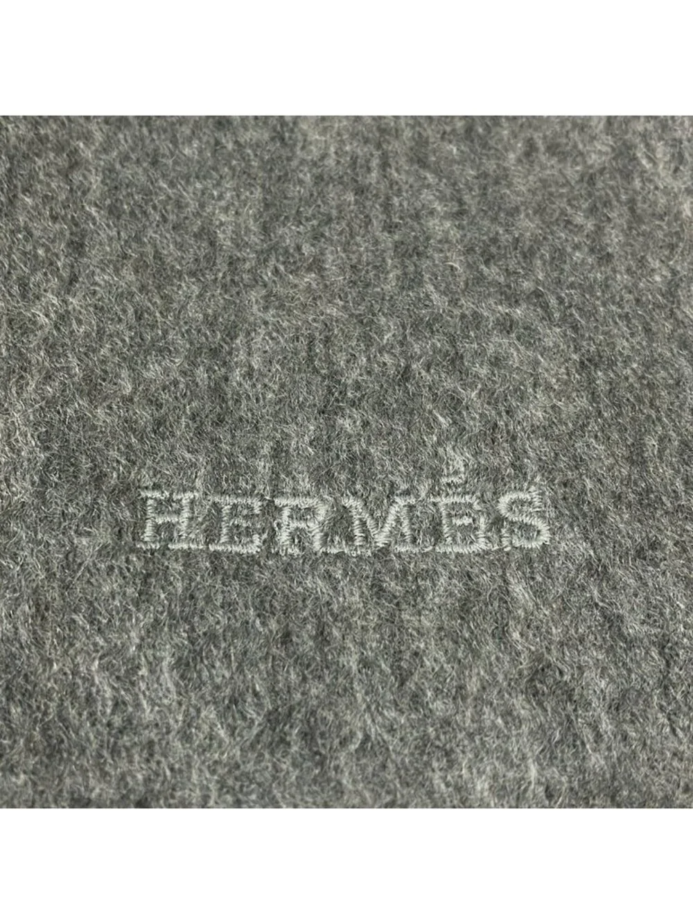 Hermes Scarf Uni Brodet Gray Logo Embroidery Fringe Cashmere - Picture 5 of 5